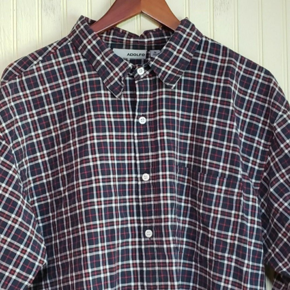 Adolfo Shirt Mens 2XL Blue Plaid Long Sleeve Button Up Woven Pocket Casual